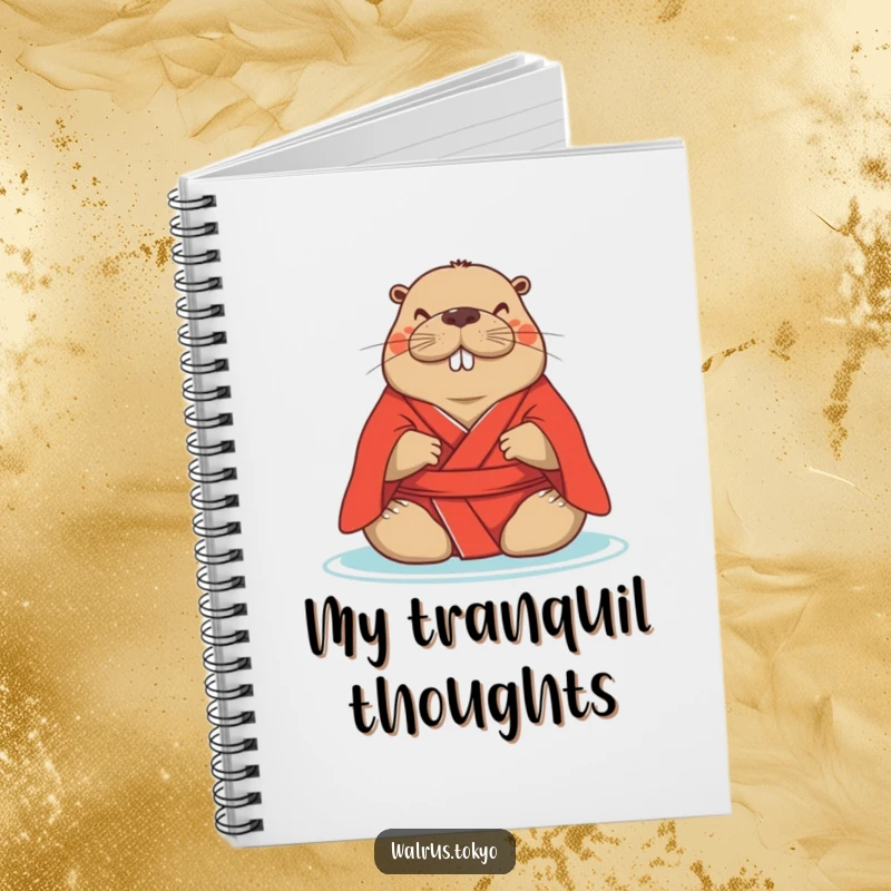 Funny red kimono walrus notebook, depicting a serene walrus meditating, perfect for jotting down peaceful thoughts with humor.
