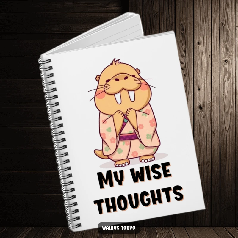 Funny notebook with a happy walrus in a floral kimono, bowing politely and gracefully, perfect for capturing notes with humorous elegance.