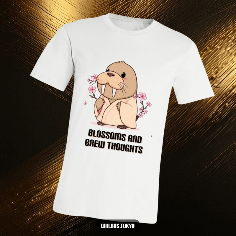 Funny curious walrus t-shirt in a silken kimono, looking intently at a blooming cherry blossom with serene fascination.