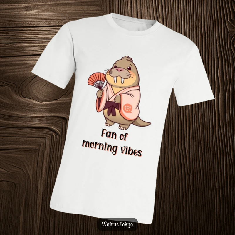 Funny cheerful walrus t-shirt in a flowing kimono, gently swaying a decorative fan, capturing a moment of serene amusement.
