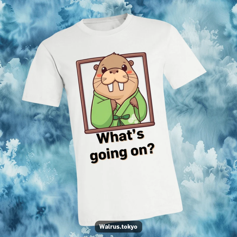 Funny green kimono walrus t-shirt, showing a curious walrus peeking out from a screen, embodying playful mischief and humor.