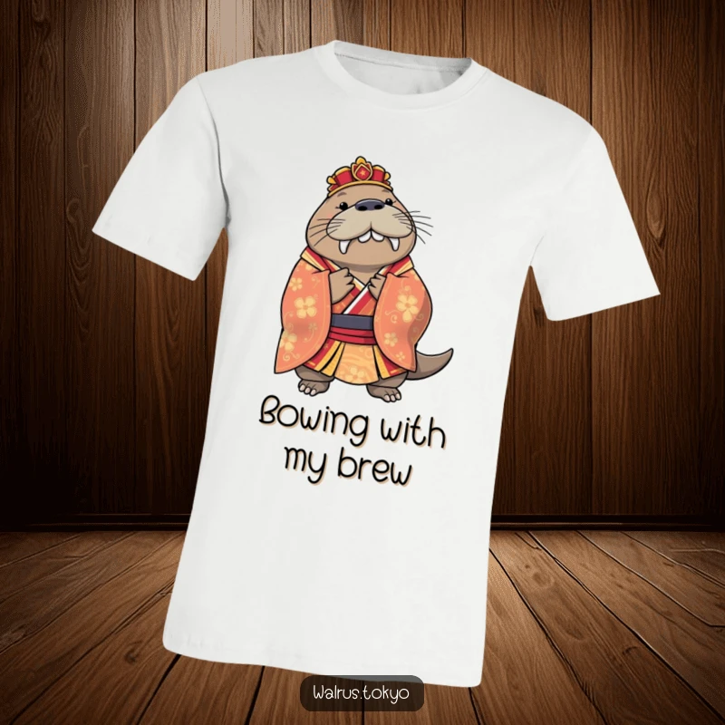 Funny regal walrus t-shirt wearing a colorful kimono, executing a graceful bow with majestic and amusing flair.