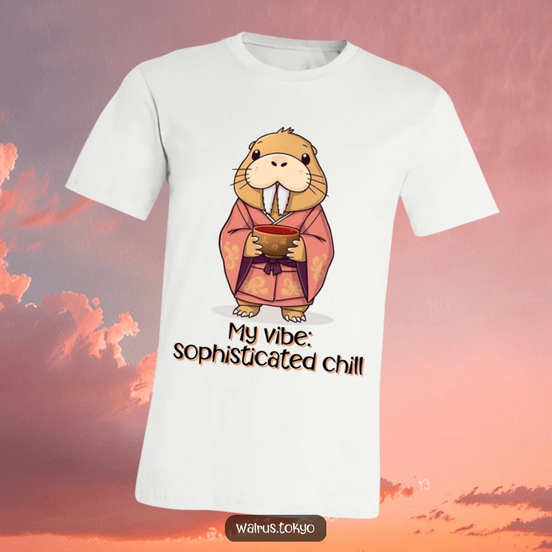 Funny t-shirt showcasing a dignified walrus in a formal kimono, holding a lacquered tea bowl, radiating cultured and comical charm.