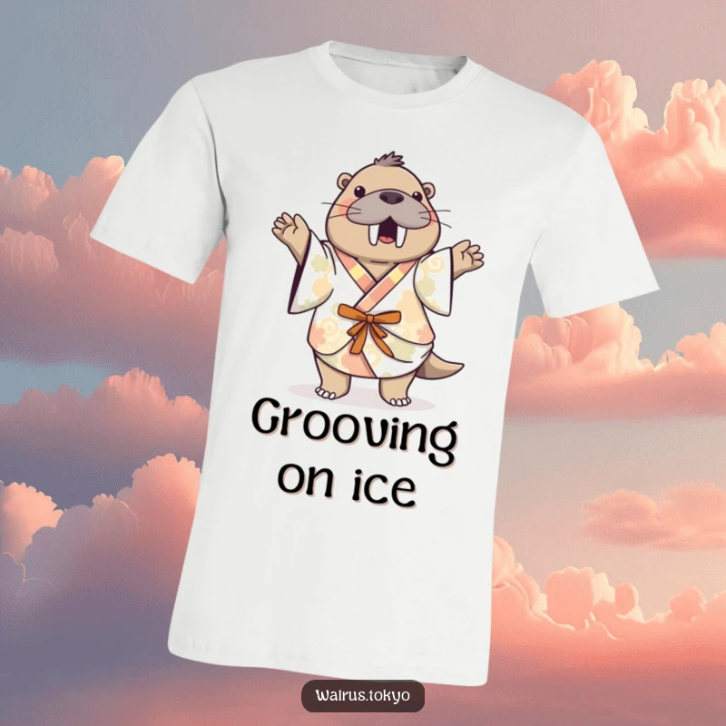 Funny patterned kimono walrus t-shirt, showing a playful walrus dancing happily, radiating pure fun and humorous energy.