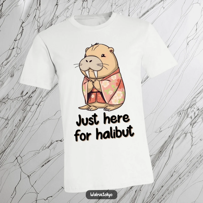 Funny floral kimono walrus t-shirt, showing a dignified walrus bowing gracefully, a humorous and artful statement piece.
