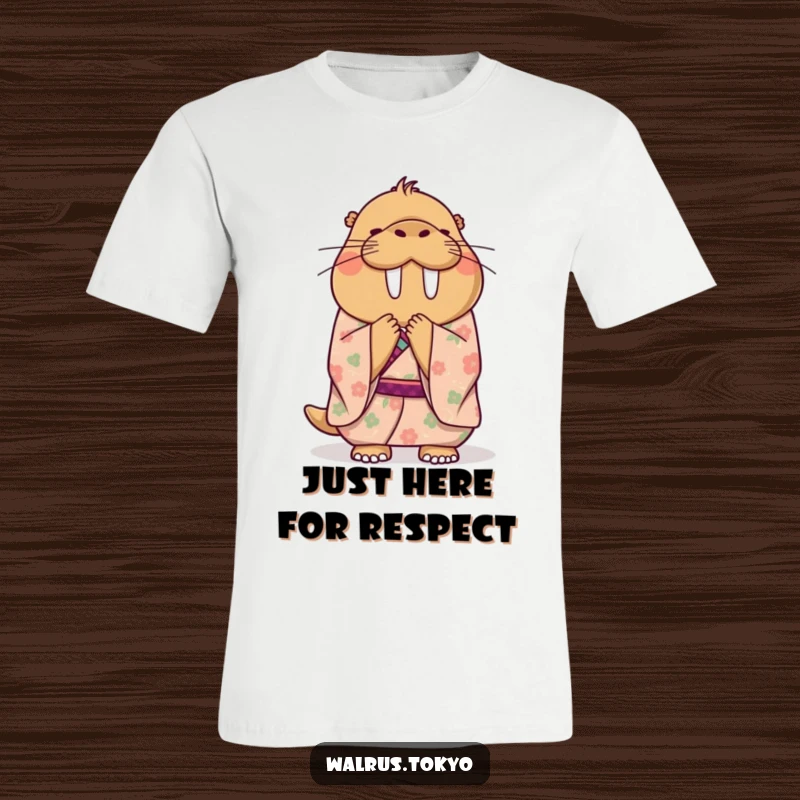 Funny T-shirt featuring a happy walrus in a floral kimono bowing gracefully, radiating politeness and good humor.