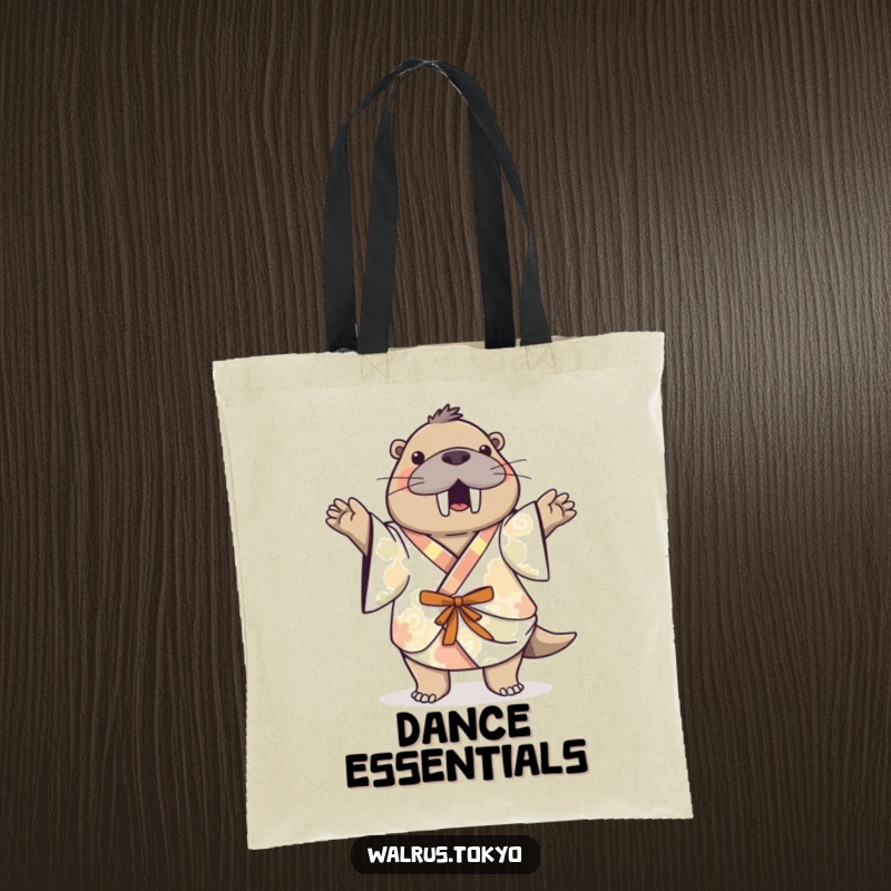 Funny patterned kimono walrus tote bag, showing a playful walrus dancing, perfect for carrying essentials with cheerful humor.