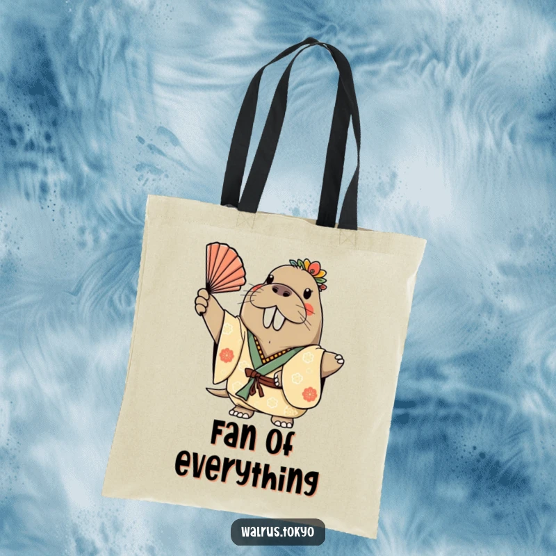 Funny tote bag with a cheerful walrus in a decorated kimono, gracefully waving a fan, perfect for carrying items with a humorous, joyful flair.