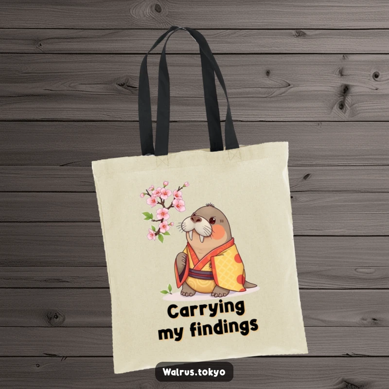 Funny tote bag with a curious walrus in a vibrant kimono, examining a cherry blossom, perfect for carrying items with humorous curiosity.