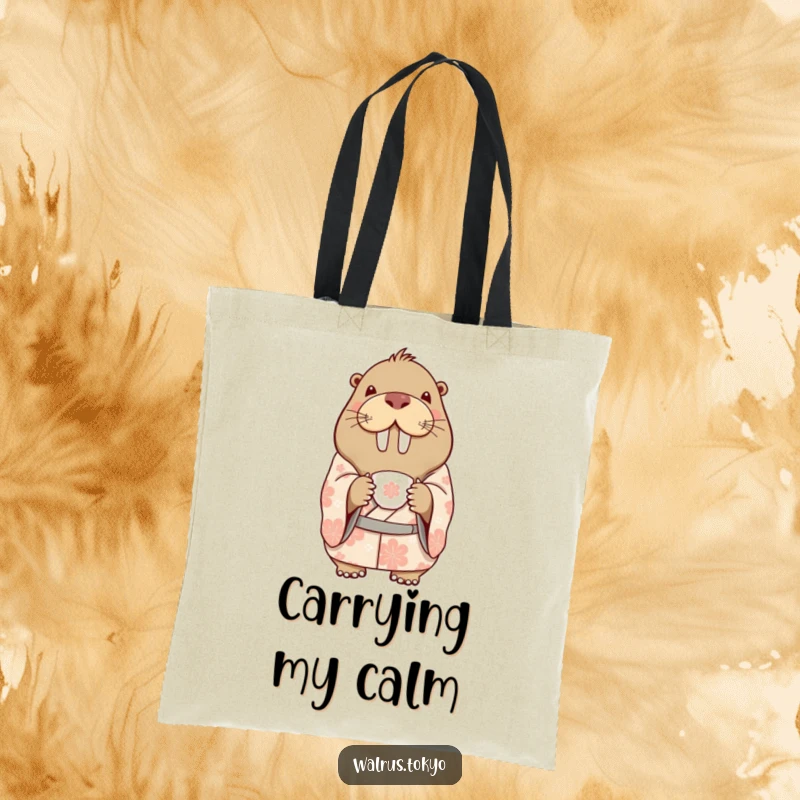 Funny tote bag with a delighted walrus in a patterned kimono, holding a delicate teacup, perfect for carrying items with humorous sophistication.