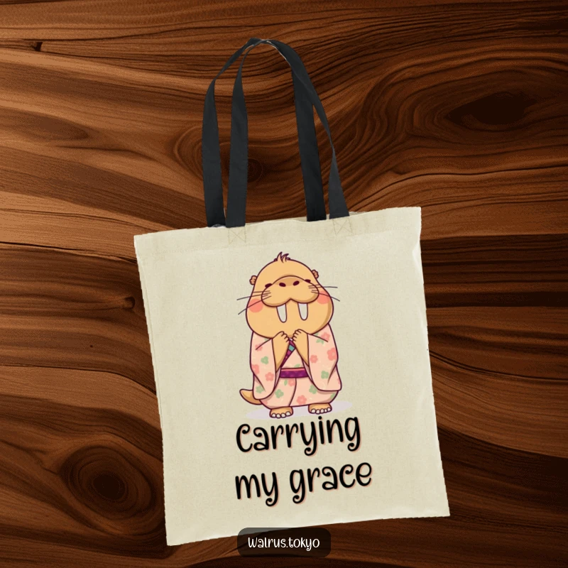Funny tote bag depicting a happy walrus in a floral kimono, bowing politely and gracefully, ideal for carrying items with a touch of humor.