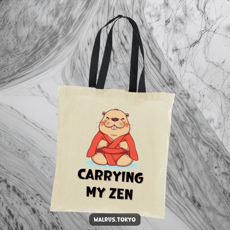 Funny red kimono walrus tote bag, showing a serene walrus meditating, perfect for carrying items with peaceful humor.