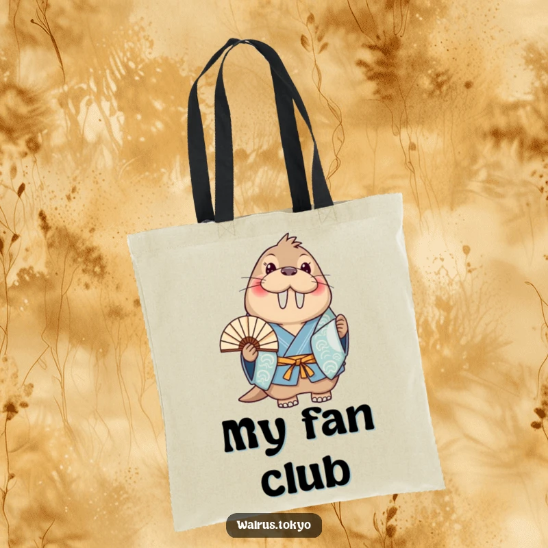 Funny blue kimono walrus tote bag, depicting a smiling walrus with a fan, perfect for cheerful and humorous carrying.